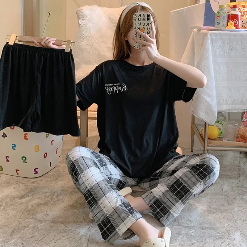 New women's summer three-piece pajamas homewear women short-sleeved trousers cartoon leisure women's homewear pajamas set 3 New women's summer three-piece pajamas homewear women short-sleeved trousers cartoon leisure women's homewear pajamas set - Image 3