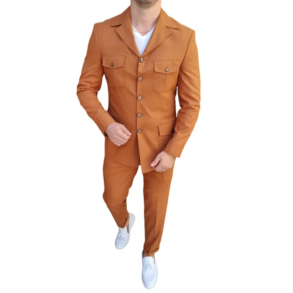 Notch Lapel Safari Men Suits For Outdoor Prom 2 Pcs Wedding Tuxedo Made Single Breasted Blazer With Pants