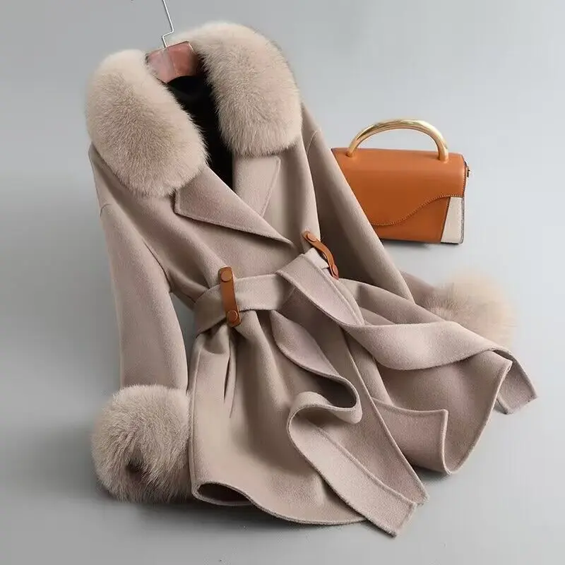Warm Wool Coat Detachable Fur Collar Fashion Casual Women Solid Color Woolen Overcoat Real Fox Fur Collar Wool Female Jacket
