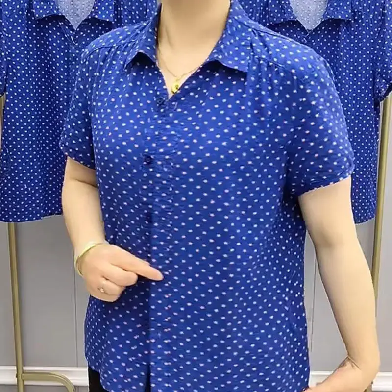 Women's Short Sleeve Casual Polka Dot Printed Shirt Summer Female Clothing Fashion Loose Turn-down Collar Single-breasted Blouse