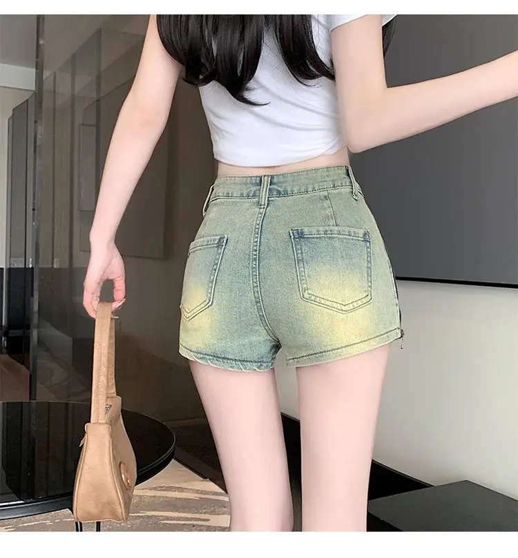 Denim Shorts With Zipper Pockets High-Waisted American Hot Pants 2024 Summer New Style Slimming Wide-Legged A-Line Hot Pants