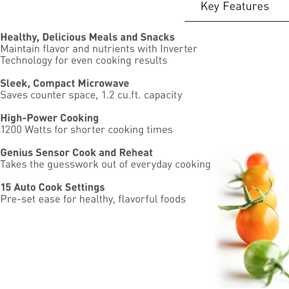 Microwave Oven with Inverter Technology, 1200W, 1.2 cu.ft. Small Genius Sensor One-Touch Cooking, Popcorn Button 2