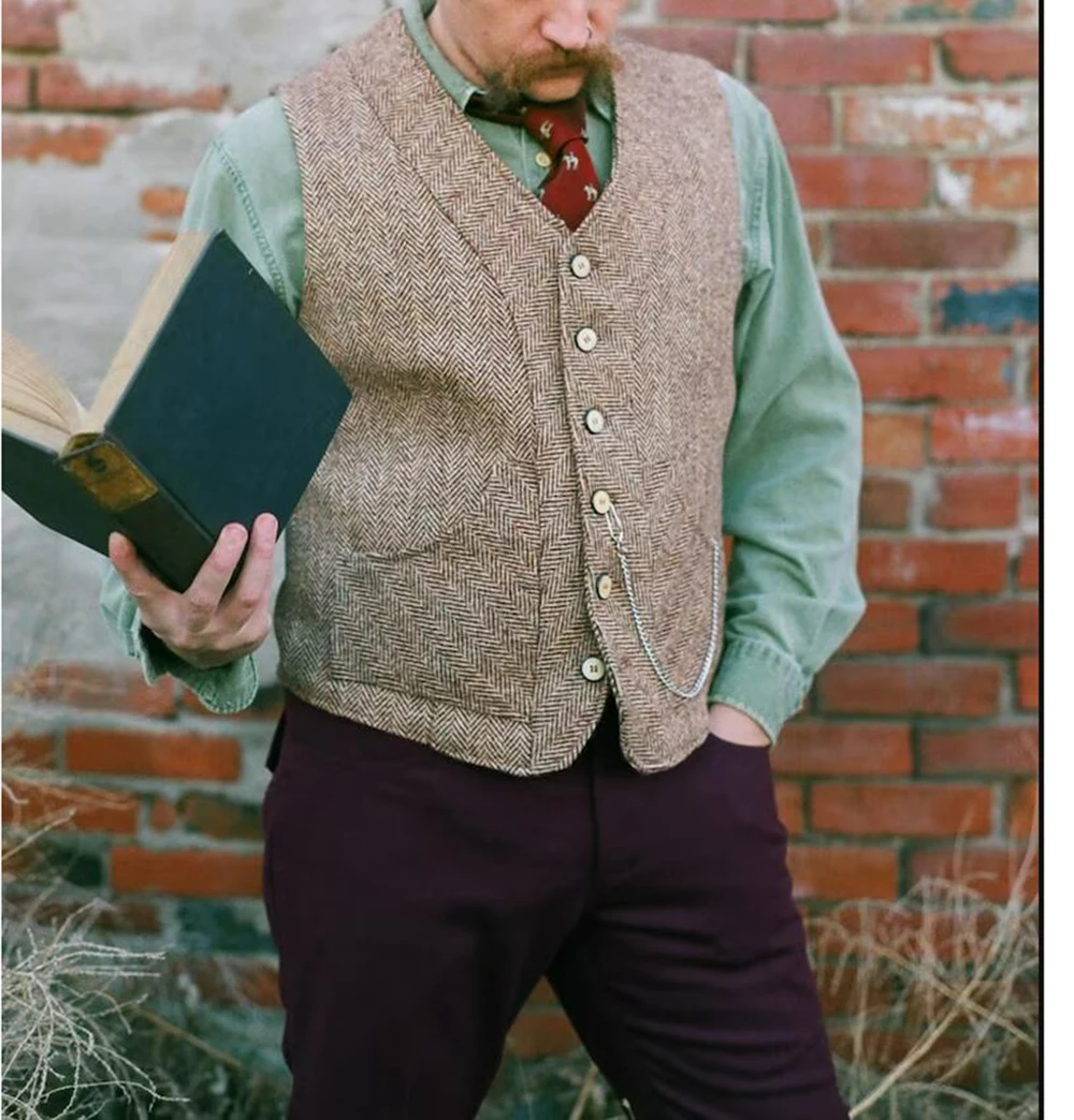 Men's Herringbone Vest With Two Real Pocket Single Breasted Tweed Vests Slim Business Sleeveless Waistcoat For Wedding