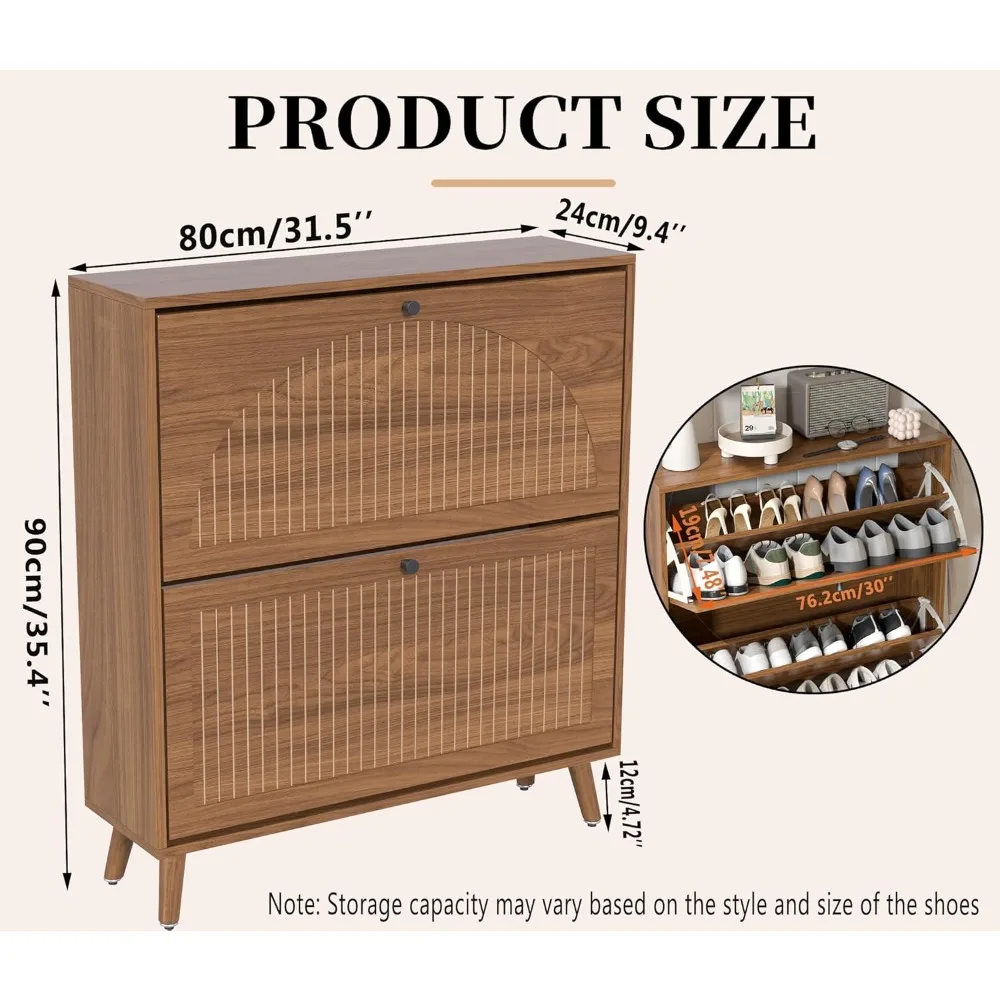 Shoe Storage Cabinet for Entryway with 2 Flip Drawers, Narrow Wood Shoe Cabinet with Fluted Panel, 2