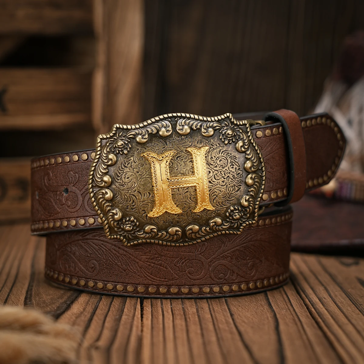 Vintage style PU Leather Western Denim Belt Classic Letter buckle 5