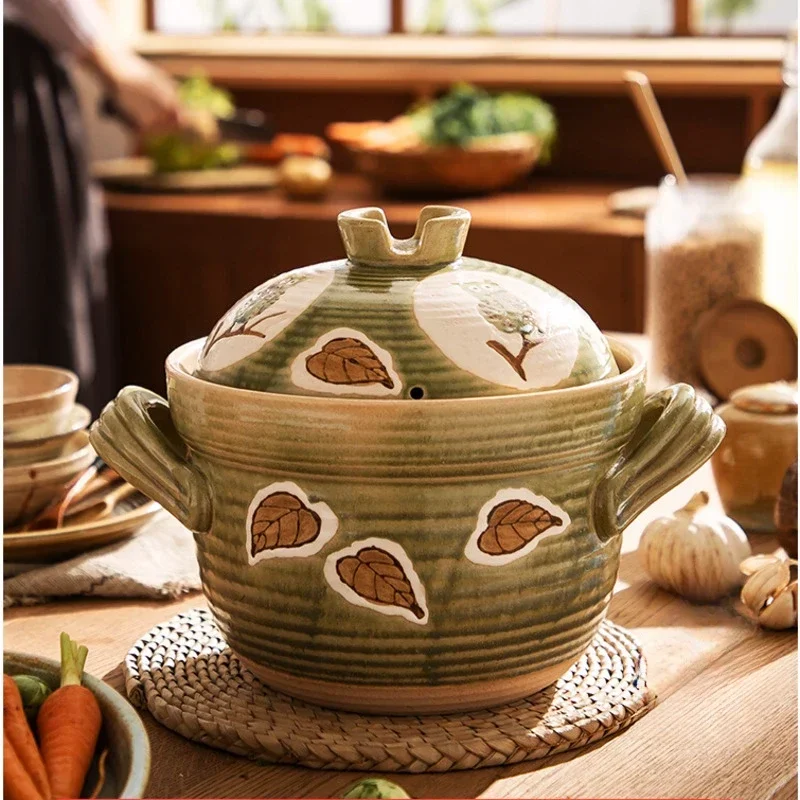 

Double Lids Clay Pot Thicken Insulation Cooking Pots Hand Painted Patterns Soup Pot Open Flame Direct Burning Ustenes Of Cuisine