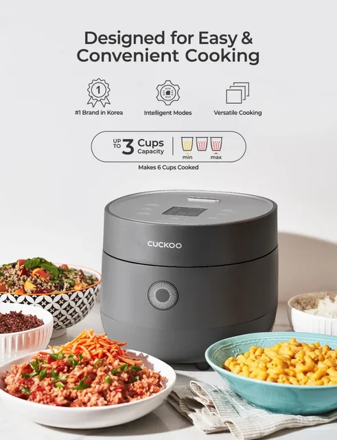 CUCKOO Rice Cooker 3 Cup Uncooked / 6 Cup Cooked, Modern Fuzzy Logic Rice Cooker Small with Delay Timer & Keep Warm 3