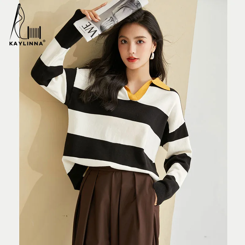 

Contrast color POLO collar stripe small sweater for women's new casual loose fitting long sleeved top