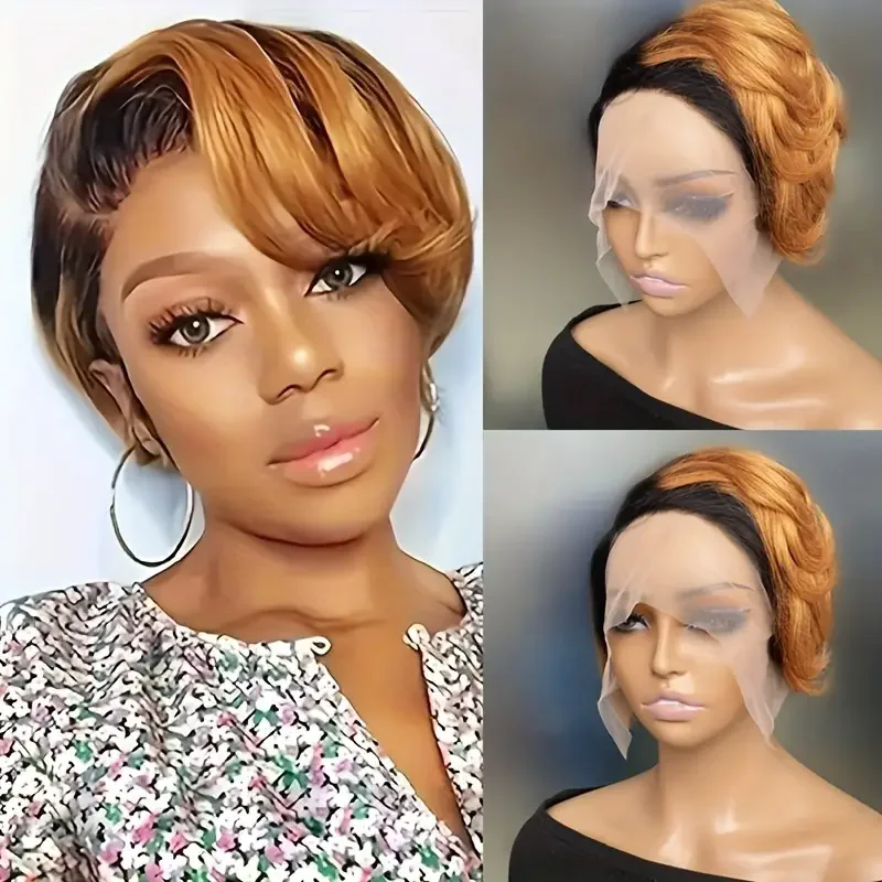 T Part Lace Frontal Wig Pixie Cut Human Hair Wig For Women 8 Inch 180% Density Glueless Bob 13x6x1