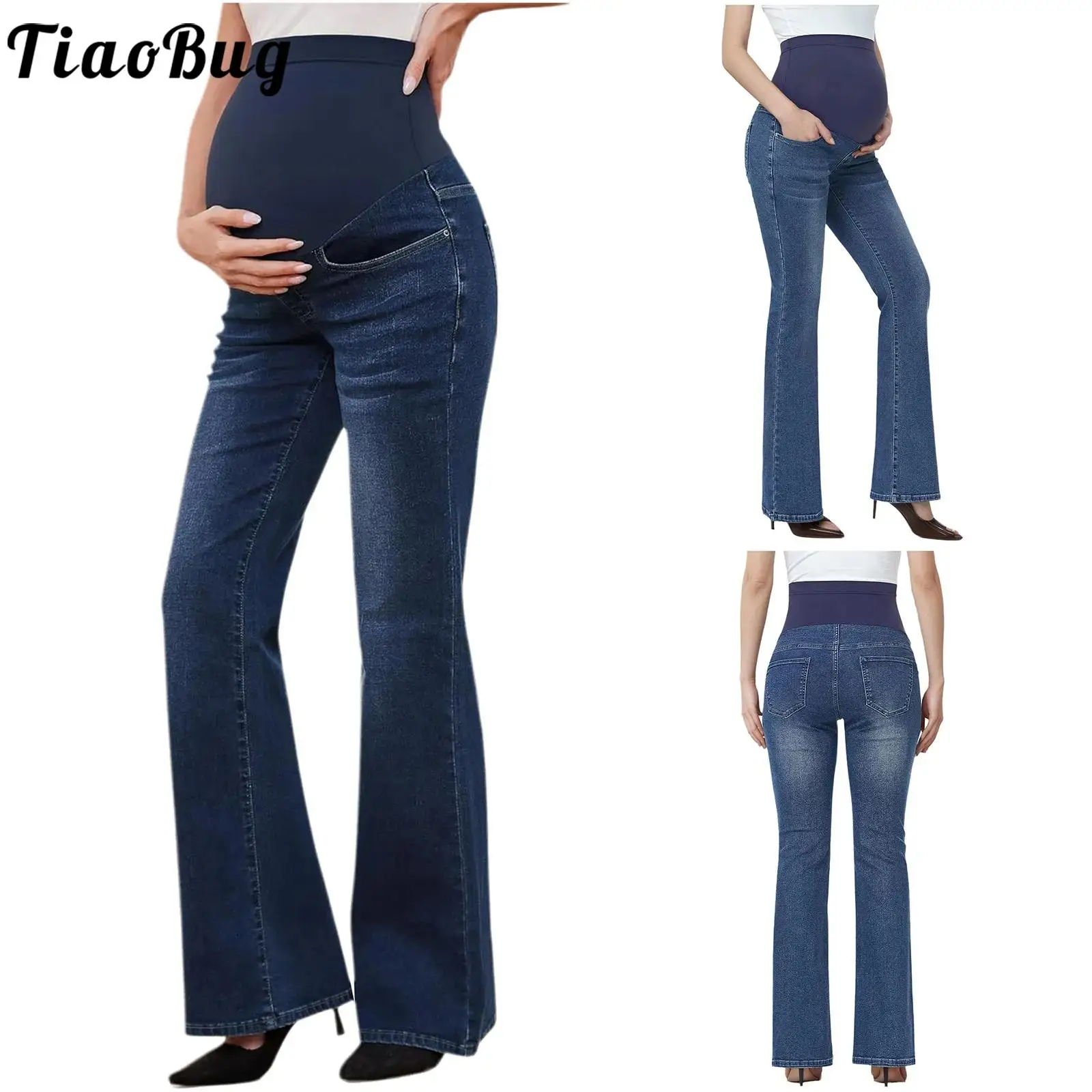 Women's Maternity Flared Jeans Fashion Over-the-Belly Stretch Pregnant Bell-Bottom Denim Pants with Pockets for Office Work
