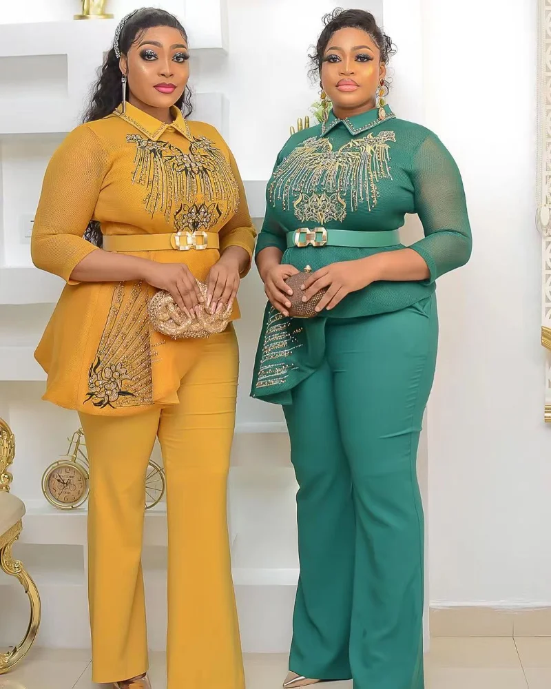 

Plus Size African Clothes for Women Dashiki Ankara 2 PCS Set Outfits 2022 New Lady Embroidery Diamond Tops Pants Trousers Suits