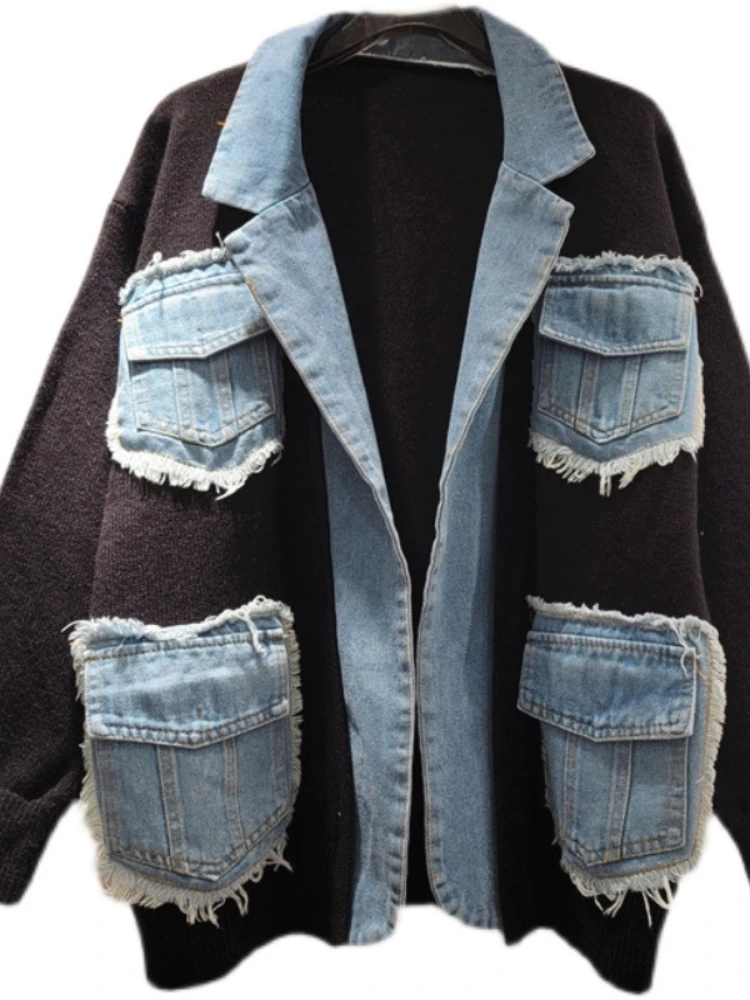 Women Denim Spliced Suit Coat Knitted Cardigan Pockets Contrast Color Jeans Blazers Coat Long Sleeve Autumn Sweater Coat Tops - Image 5