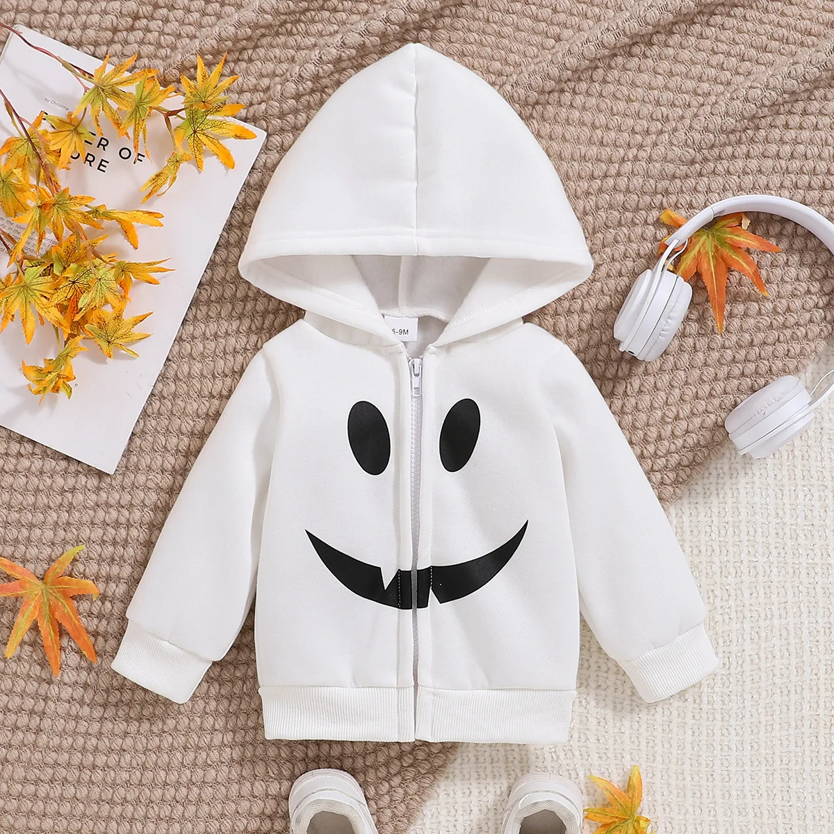 Baby boys and girls baby smiley face printed zipper hooded coat, comfortable sports style