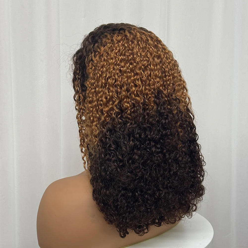300% Density Burmese Full Pixie Curly Hair Wig Ombre Bob Human Hair Wig 13x4 Transparent Lace Front Wig for Black Women 16 inch