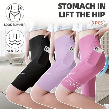 3PC Set Sports Wear Pockets High Waist Lifts Buttocks Lady Bubble Butt Yoga Pants Athletic Korea Jogging Scrunch Shorts 1