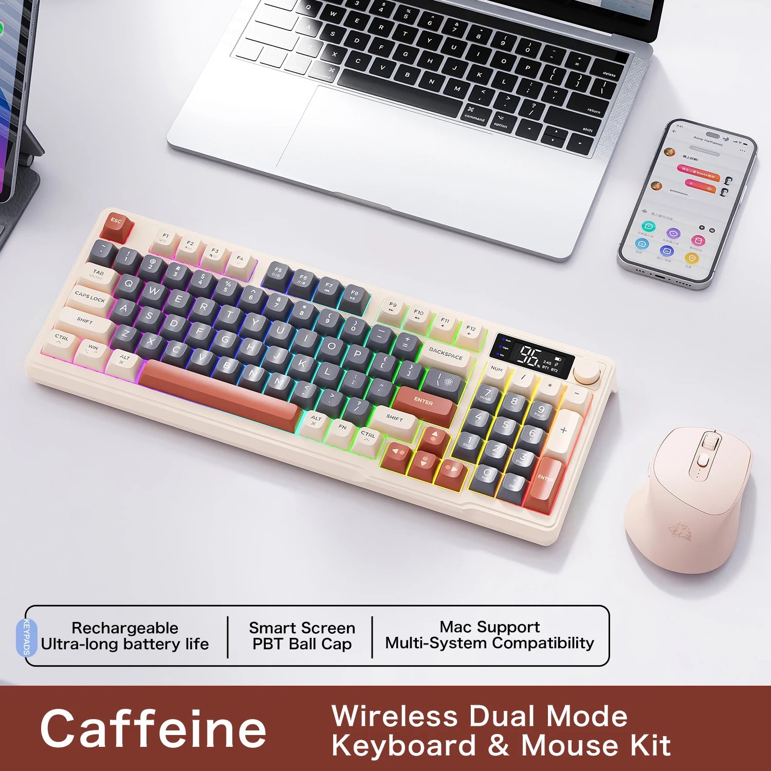 Wireless Keyboard and Mouse Kit with Electronic Screen and Multi-Device Connectivity