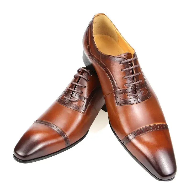 

Genuine Leather Shoes for Men Luxury Dress Wedding Party Black and Brown Lace-up Oxfords Handmade Casual Business Brogue Adult