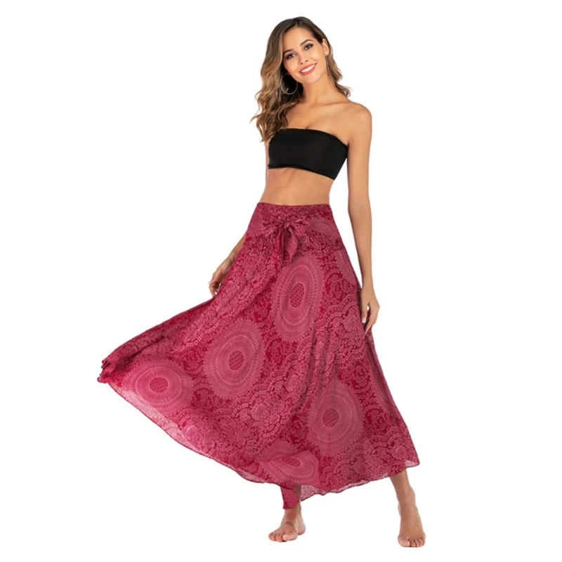 Women 2 In 1 Floral Print Elastic Waist Long Skirt Self-Tie Beach Halter Dress