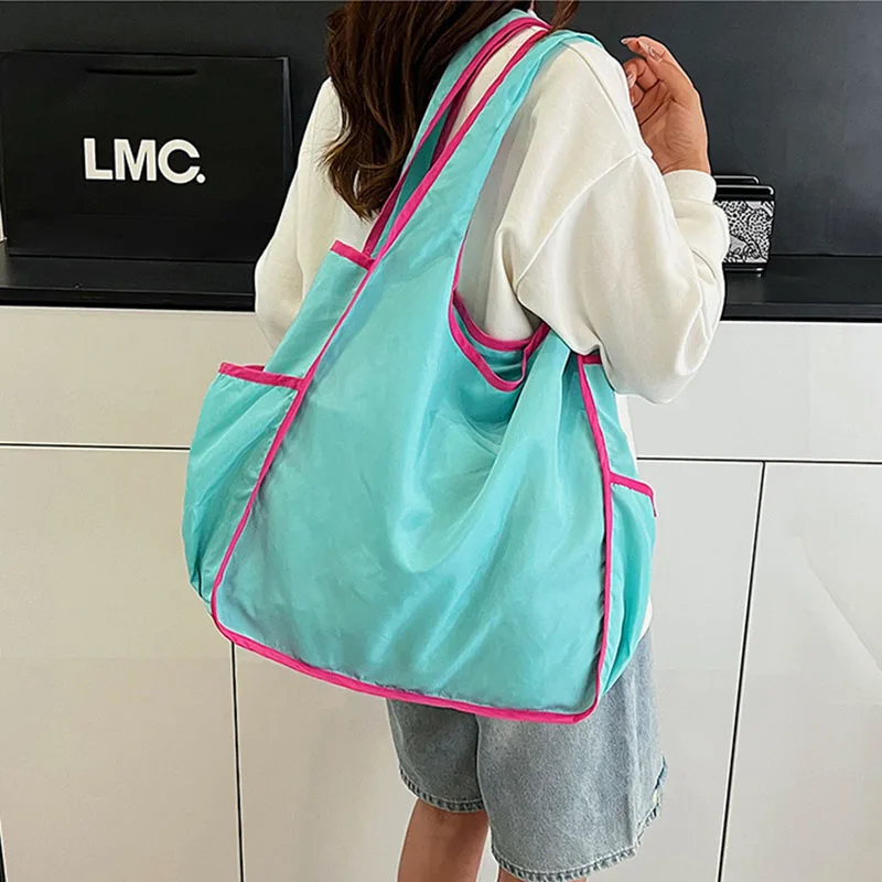 Large Capacity Shopping Bag Eco-Friendly Bag Solid Color Contrasting Retro Foldable Portable Shoulder Bag Polyester Tote Bag