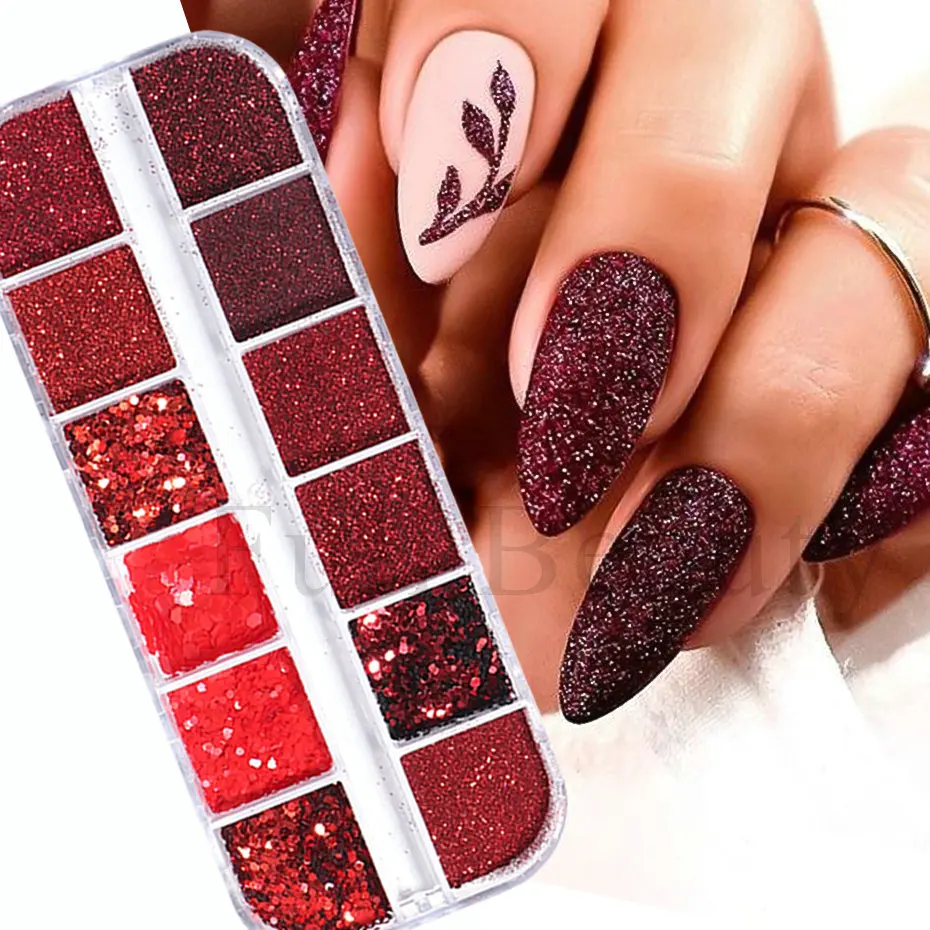 Wine Red Nail Art Glitter Powder Mixed Hexagon Sparkly Chunky