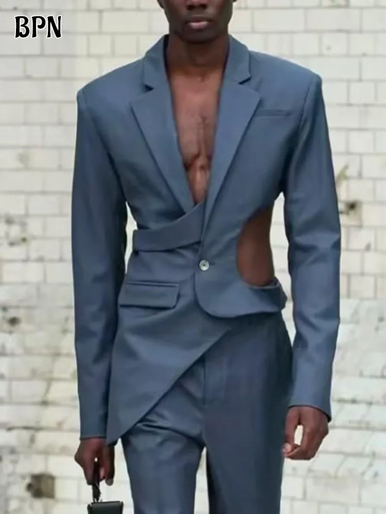 BPN Sexy Hollow Out Blazer For Women Notched Collar Long Sleeve Spliced Single Button Slimming Solid Blazer Female Fashion Style