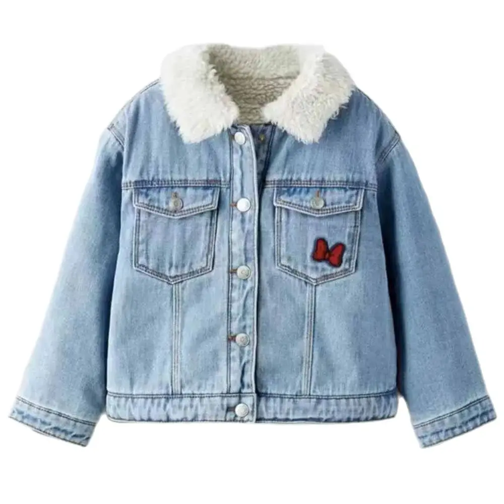 

Children's Wear Autumn and Winter New Cute Fashion Joker Back Embroidery Pattern Plus Velvet Warm Lambswool Denim Jacket.