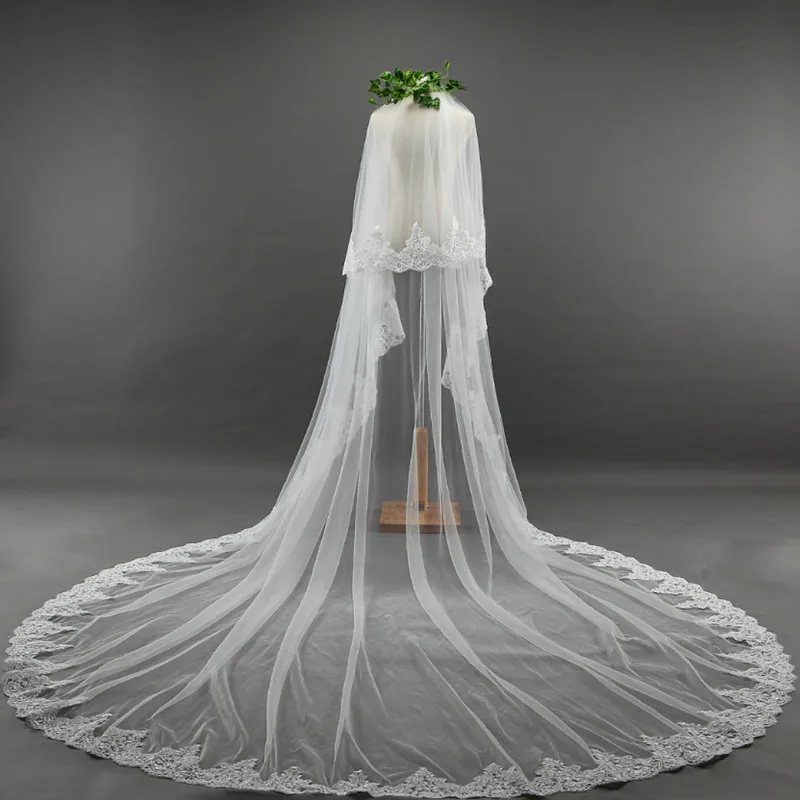 

Real Picture New 3.5M*3M 2L White Ivory Wedding Veil Cathedral Bridal Appliques Lace Edge Custom WIthe Comb Accessories Veils