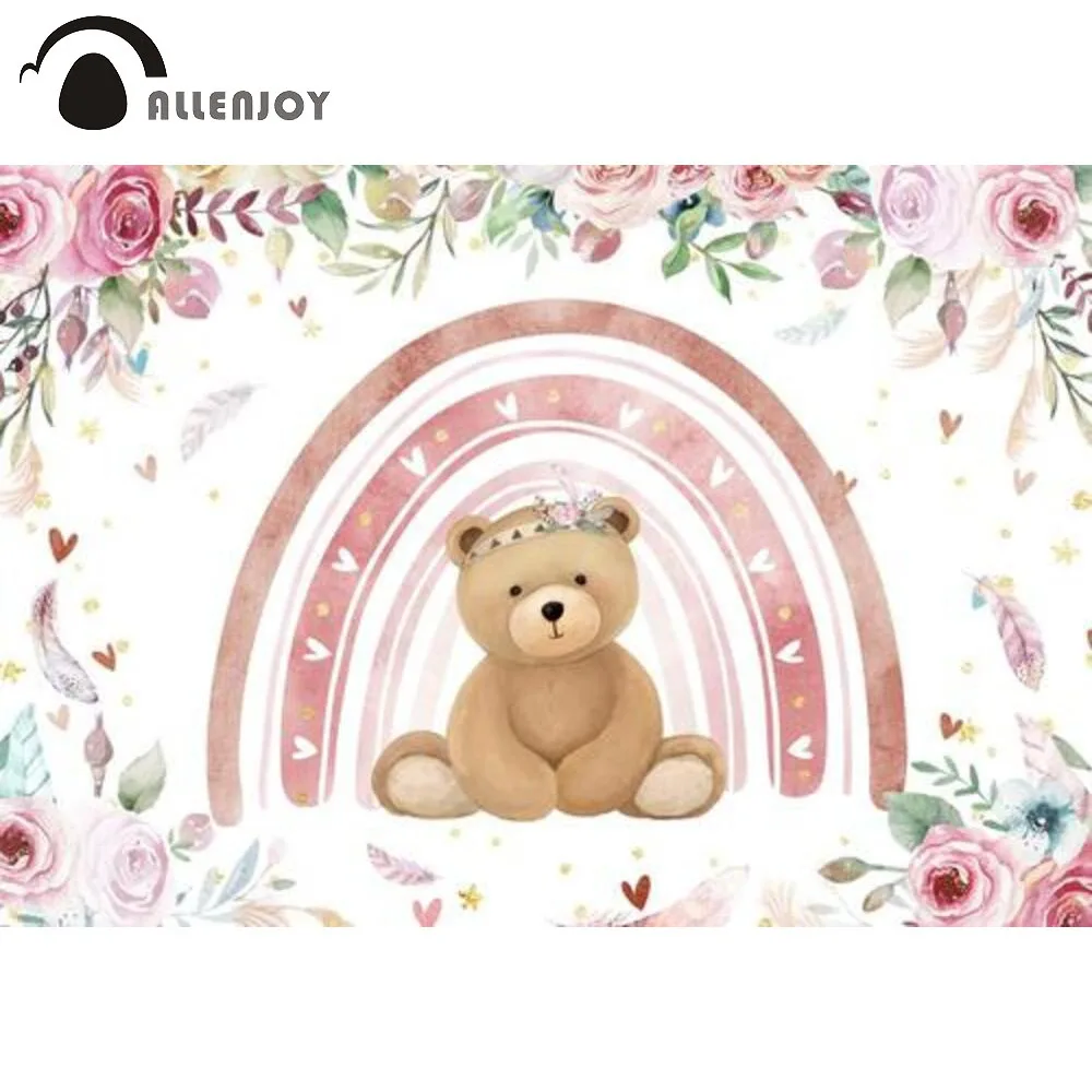 

Allenjoy Bohemian Rainbow Birthday Party Bear Theme Backdrop Baby Shower Floral Pink Feather Heart Photography Props Background