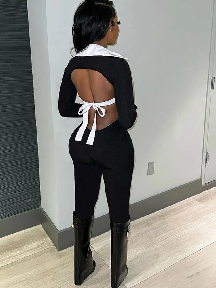 Kricesseen Women\'s Cut-Out Black Tie Back Runway Romper Fashion Women\'s Fitted Business Jumpsuits Overalls Night Club Outfits