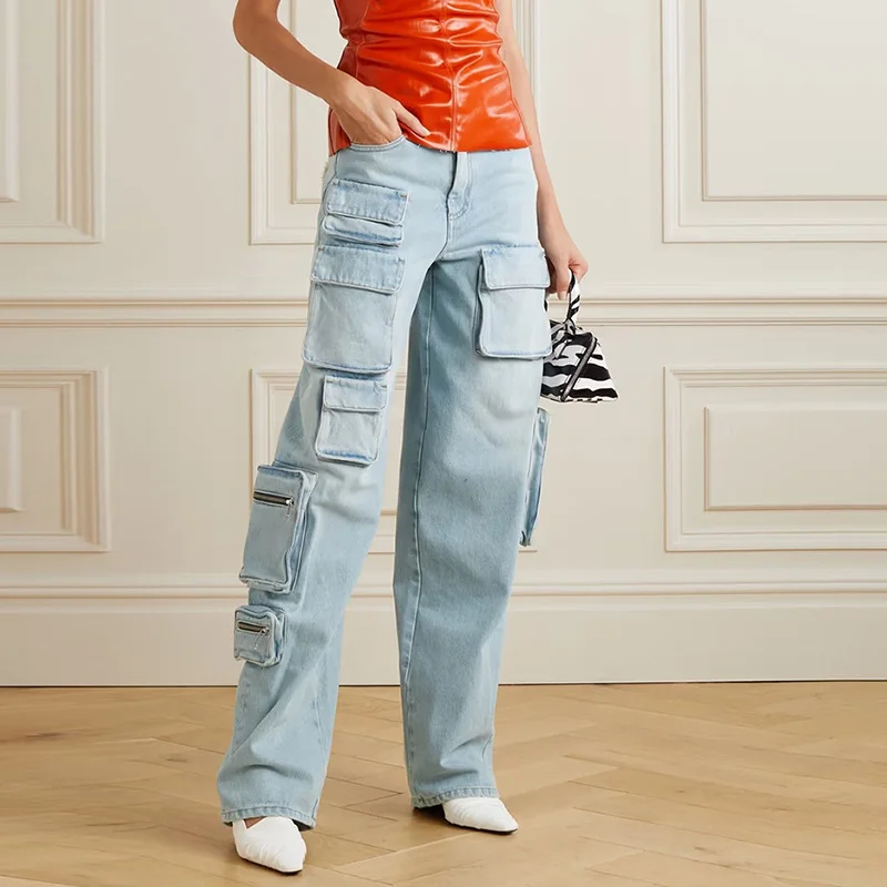 Light Blue Multi-pockets Cargo Jeans Women Autumn Retro Denim Long Pants Straight Trousers Ladies Zipper Cotton Hipster Clothes