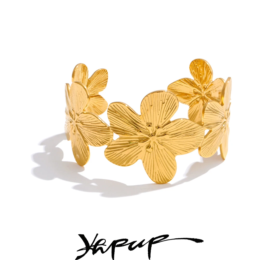 Yhpup Stainless Steel Waterproof 18K Golden Plated Flower Cuff