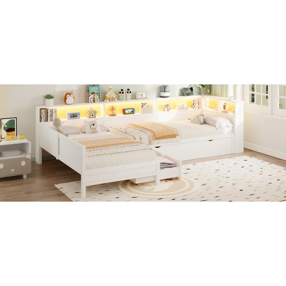 90 x 200 cm großes modernes L-förmiges Plattformbett aus Holz mit ausziehbarem Bett und Schublade, 5 Ablagefächern, Steckdosen und USB-C-Anschluss – Detail 12