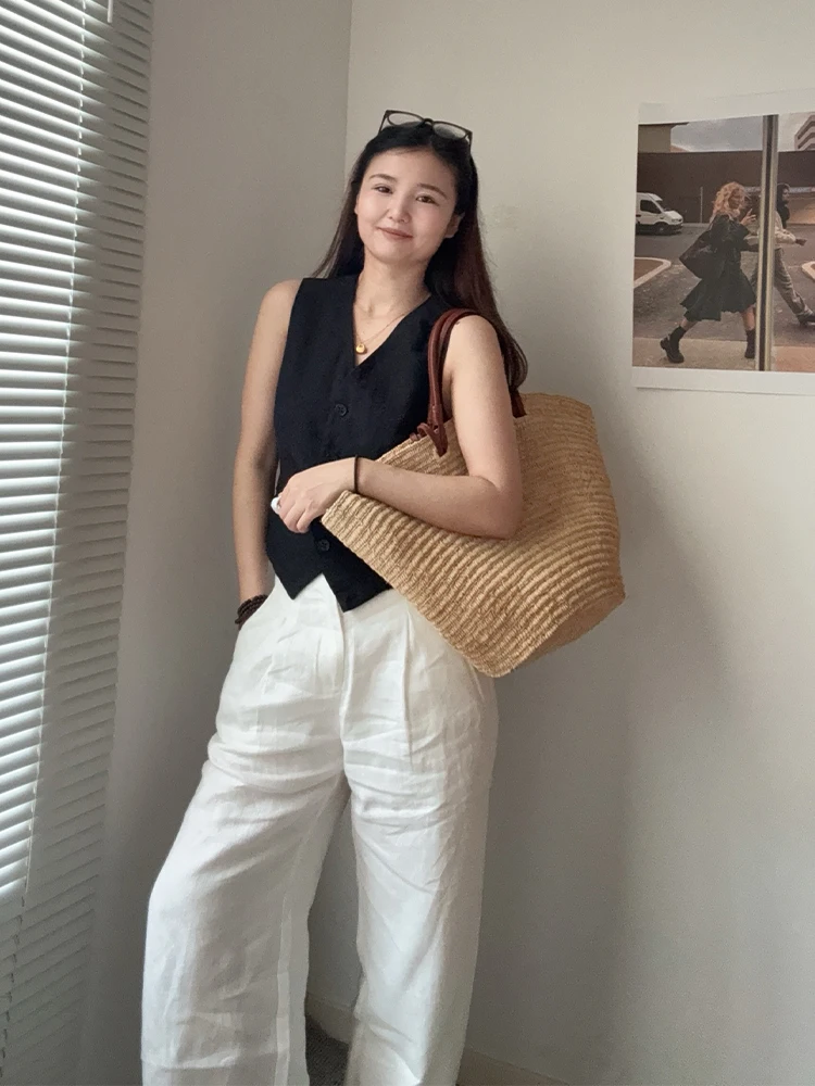 Women's Large Capacity Shoulder Bag Summer Lafite Straw  Real leather Woven Handbag Fashion Female Luxury Designer Beach Bag