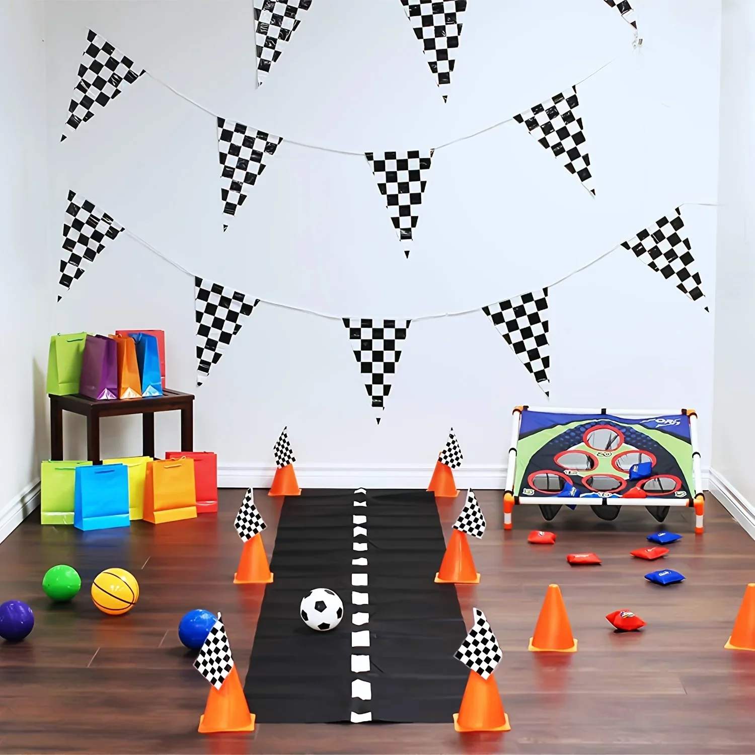 Car Birthday Banner Decoration Black And White Checkered Flags Pennant Banner For Sports Themed Party Supplies Birthday 1pc