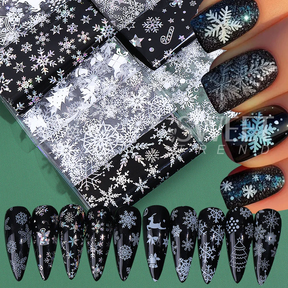 10pcs Holographic Christmas Nail Foils Set Winter New Year Stars Snowflakes Gift Xmas Tree Starry Sky Foil Transfer Sheets Decor