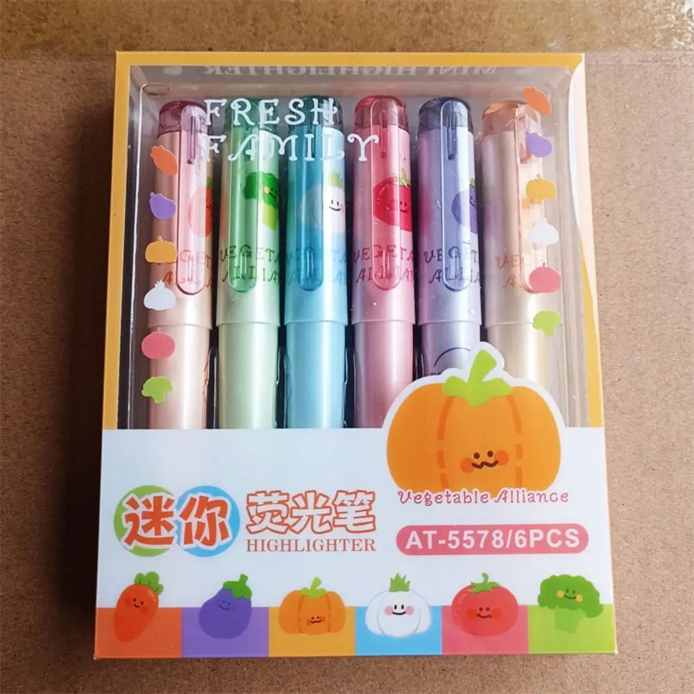 6-Color Highlighter Fruit / Vegetable Oblique Nib Fluorescent Pen Students Stationery Stackable Color Painting Colour Pen