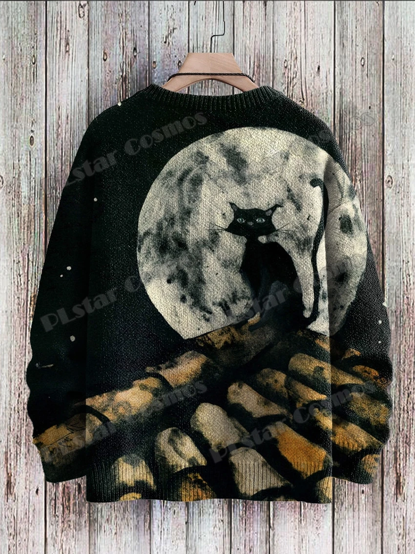 Halloween-Geist mit Katze & Vintage Katzen muster 3d gedruckt Herren gestrickt Pullover Winter Unisex lässig gestrickt Pullover Pullover zzm62 – Detail 12