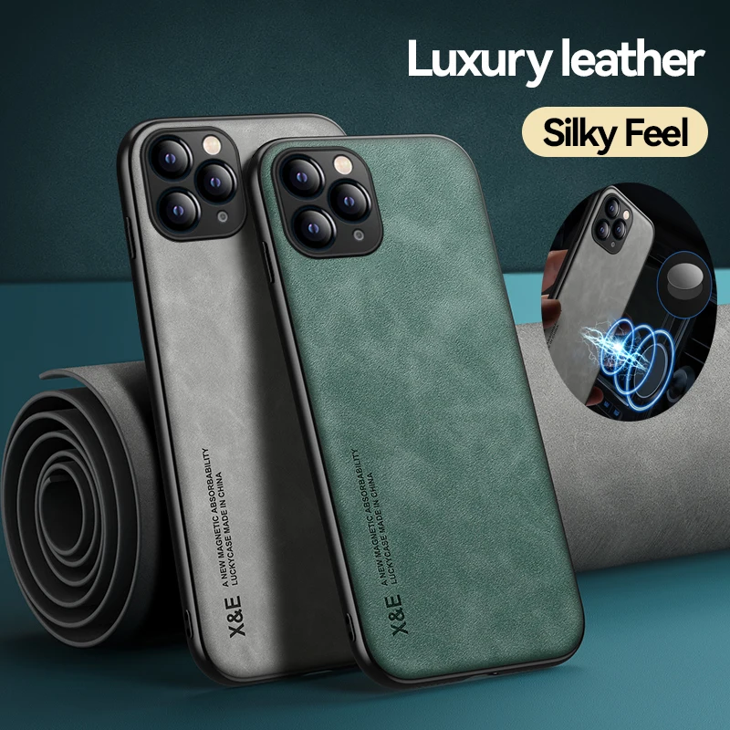 Luxury Leather Phone Case with Metal Plate Support