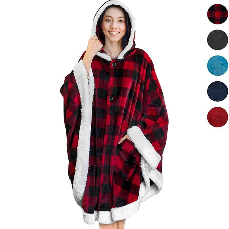 

HMSU Oversized Hoodie Blanket With Sleeves Sweatshirt Plaid Winter Fleece Hoody Women Pocket Female Hooded Sweat Oversize Femme