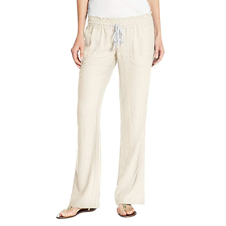 Soft Cotton Linen Women's Trousers Solid Color Lace-up Loose Casual Wide Leg Trousers Women