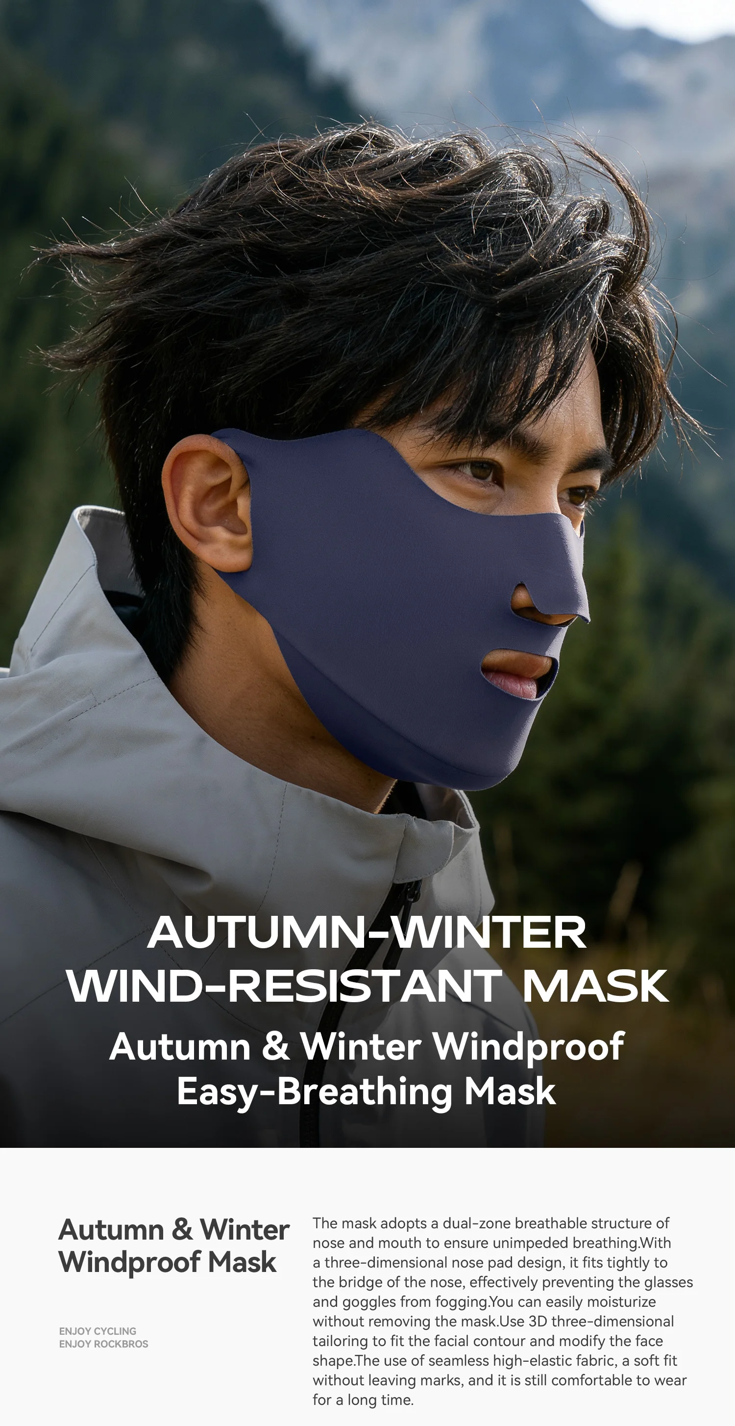 ROCKBROS Gesichtsmaske mit Fleece-Innenschicht, Augenschutz, Eckdesign, Atmungsaktive Reflektierende Winddichte Maske für Outdoor-Aktivitäten – Detail 1