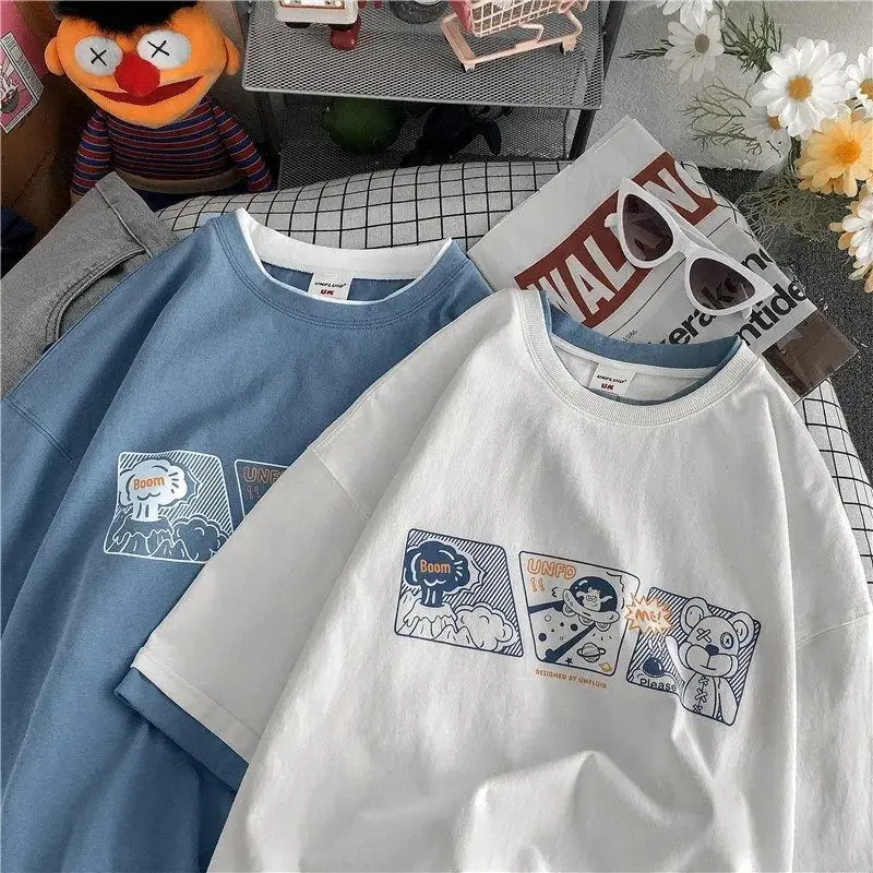 

Корейская Милая Лоскутная футболка с коротким рукавом, кавайная свободная футболка Ulzzang в стиле аниме для мужчин и девочек, женская модная имитация двух частей, одежда из мультфильма