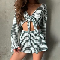 Hiloc Casual Knit Stripe Shorts Pajamas Sets Long Sleeve Home Wear Lace Up Top And Elastic Waist Shorts Sleepwear Knitted Outfit - Image 2