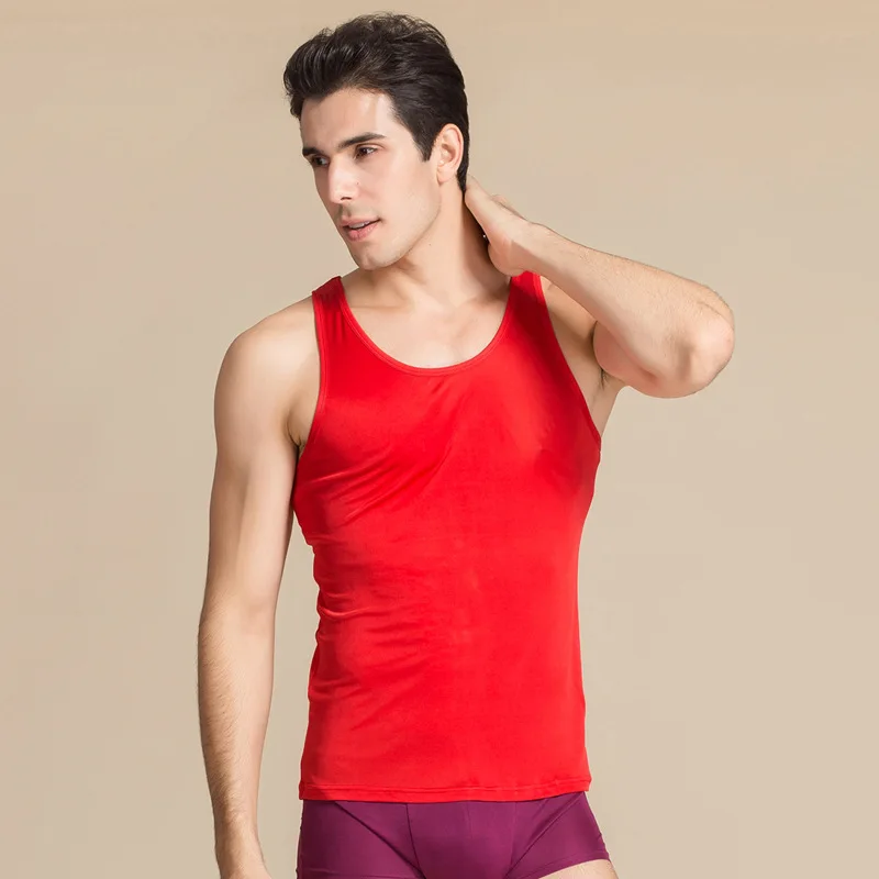 Birdsky, 1PC Men sleeveless top vest underwear sleep tops O neck 30% real mulberry silk 70% viscose 7 solid colors. S-938