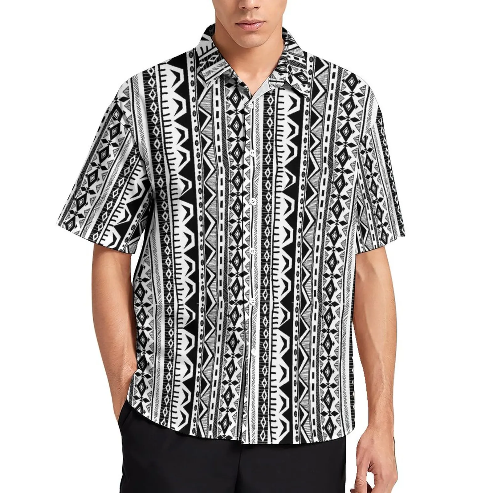 Tribal Print Blouses Male Black and White Stripe Casual Hawaiian Short Sleeve Shirt Graphic Vintage Oversize Beach Gift Fashion