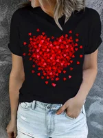 T-Shirts d'été décontractés pour femmes, imprimés graphiques de cœur rouge, manches courtes, confortables, doux, col rond, vêtements de rue à la mode 1