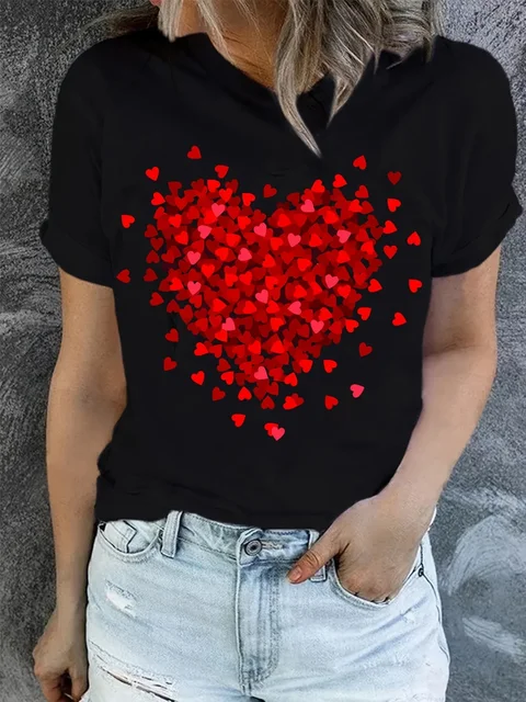 T-Shirts d'été décontractés pour femmes, imprimés graphiques de cœur rouge, manches courtes, confortables, doux, col rond, vêtements de rue à la mode 1