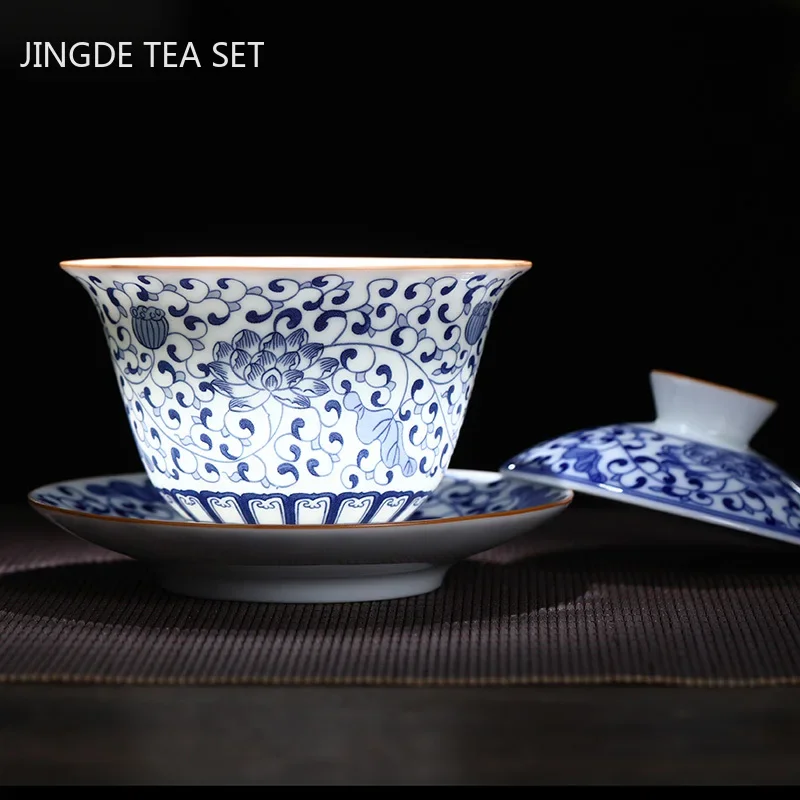 170ml Jingdezhen Ceramic Gaiwan Teacup Handmade Tea Tureen Blue and White Porcelain Tea Bowl Chinese Porcelain Accessories