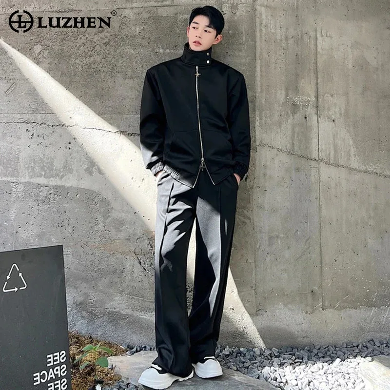 

LUZHEN 2024 весна модный дизайн с двойной молнией повседневные Прямые брюки свободная куртка Мужские комплекты из двух частей Свитшот корейский LZ2728