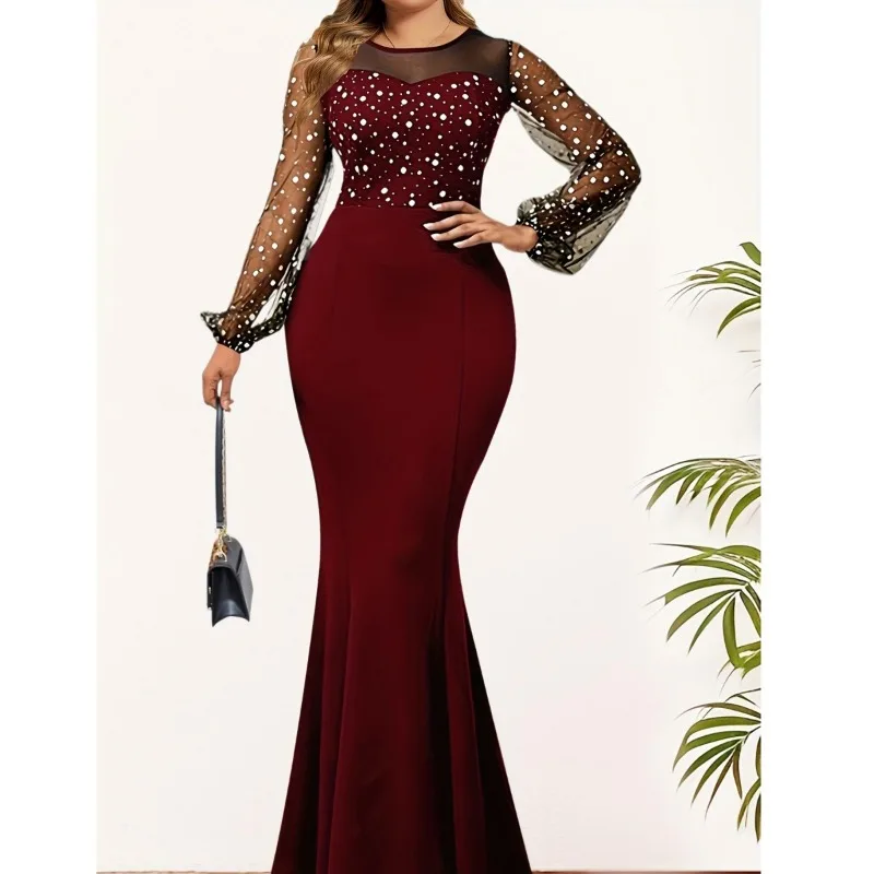 

2024 Spring Long Sleeved Sexy Nightclub Evening Dress Mesh Spliced Dress Fashion Round Neck Long Sleeved Slim Fit Elegant Dress